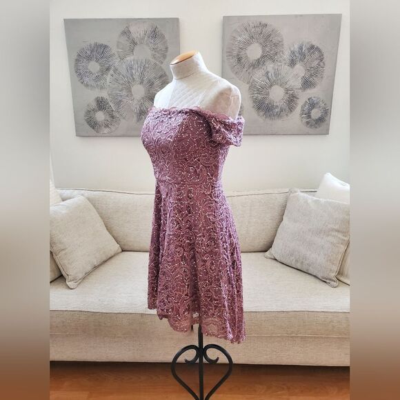 🌹 SEQUIN HEARTS 🌹 Off Shoulder Sequin Lace High Low Dress - [Size 11, Mauve] - Picture 5 of 13